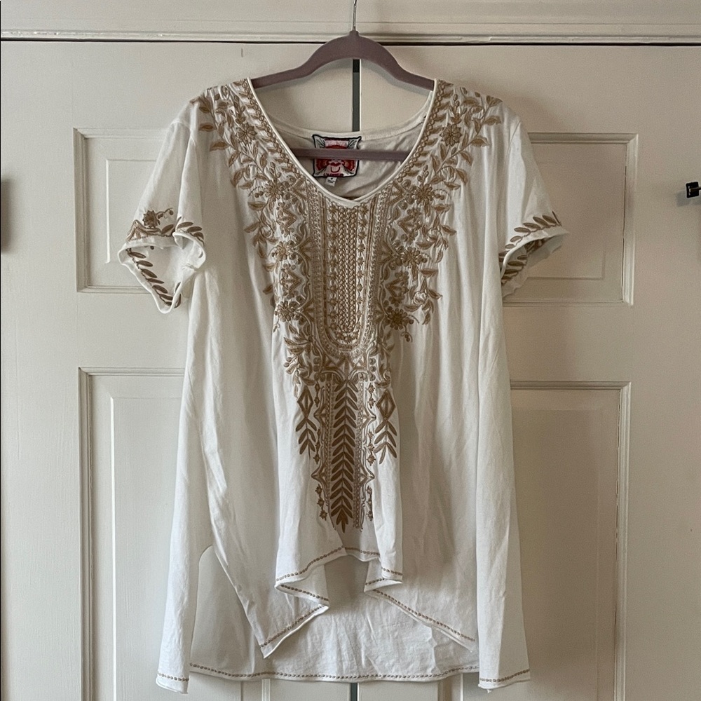 Johnny Was Cream and Brown Embroidered Tunic